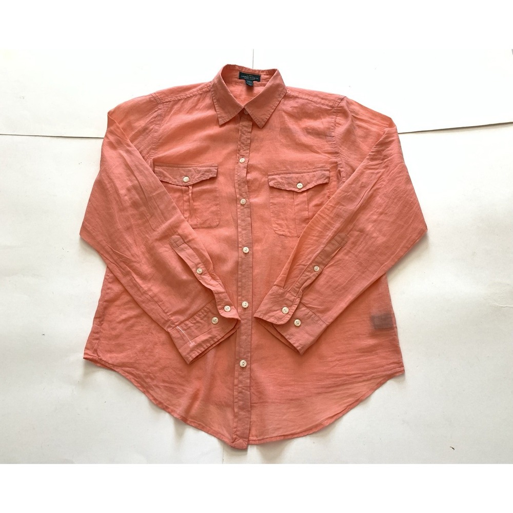 LRL Lauren Jeans Co Ralph Lauren Cotton Shirt Coral Roll Tab Button Up Woman's M